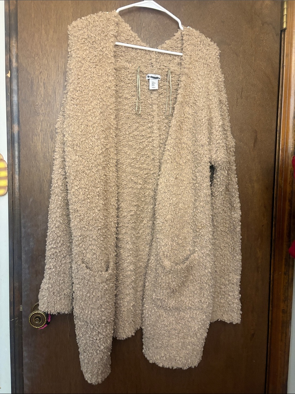 Plush Open-Front Hooded Cardigan in Tan